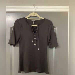 White House Black Market Black Lace-Up Short Sleeve FORME Top